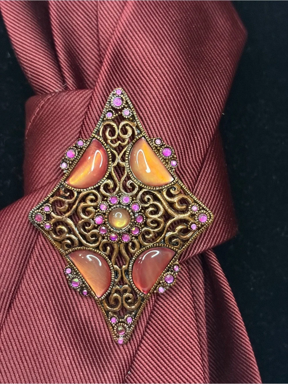 Jos. A. Bank Burgundy Decorative Necklace Tie with Ornate Brooch